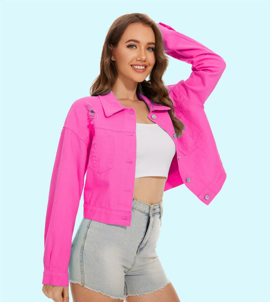 Damen Jeansjacke im lässigen Crop-Style mit fransigen Details WW