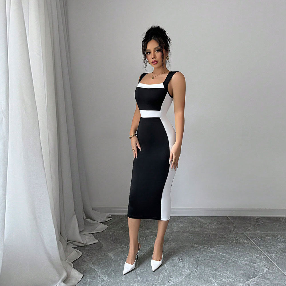 Damen figurbetontes Midi-Kleid mit elegantem Farbkontrast und schickem Ausschnitt W&W