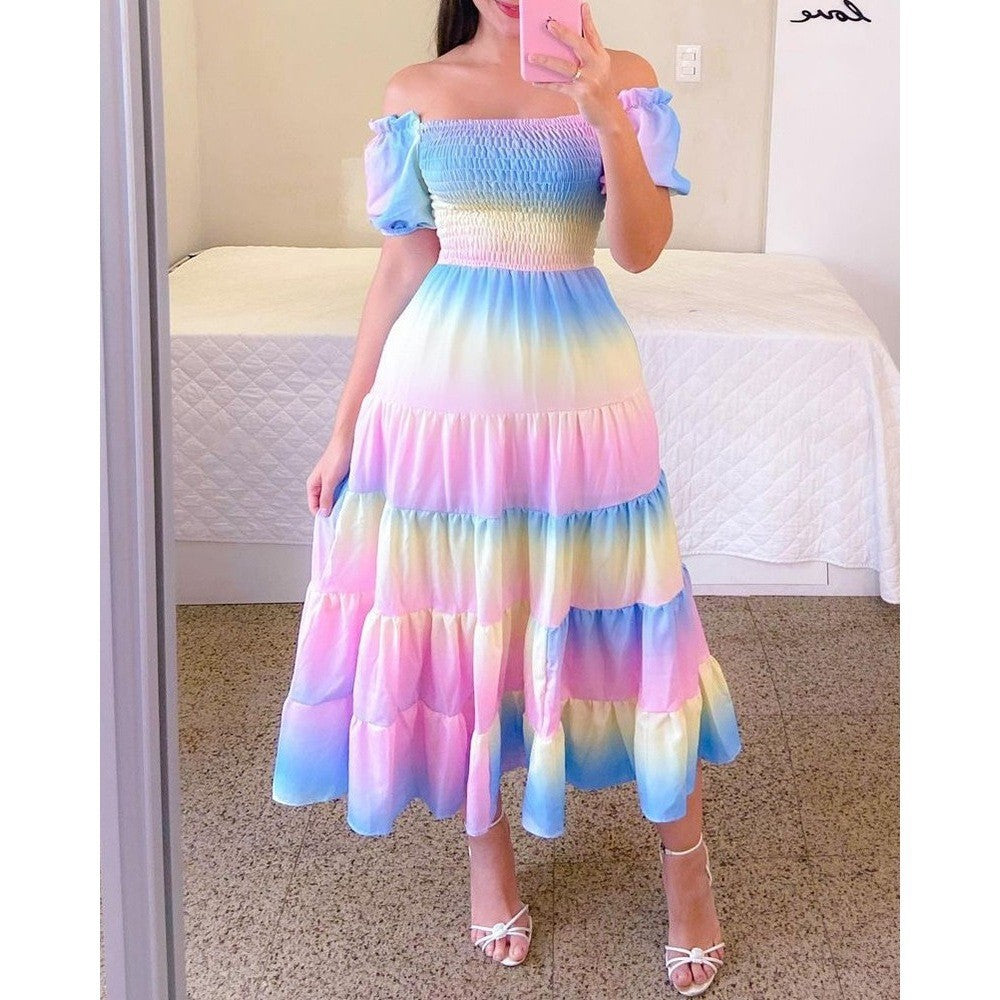 Damen Midi-Kleid mit schulterfreiem Design und verspieltem Schmetterlingsmuster WW