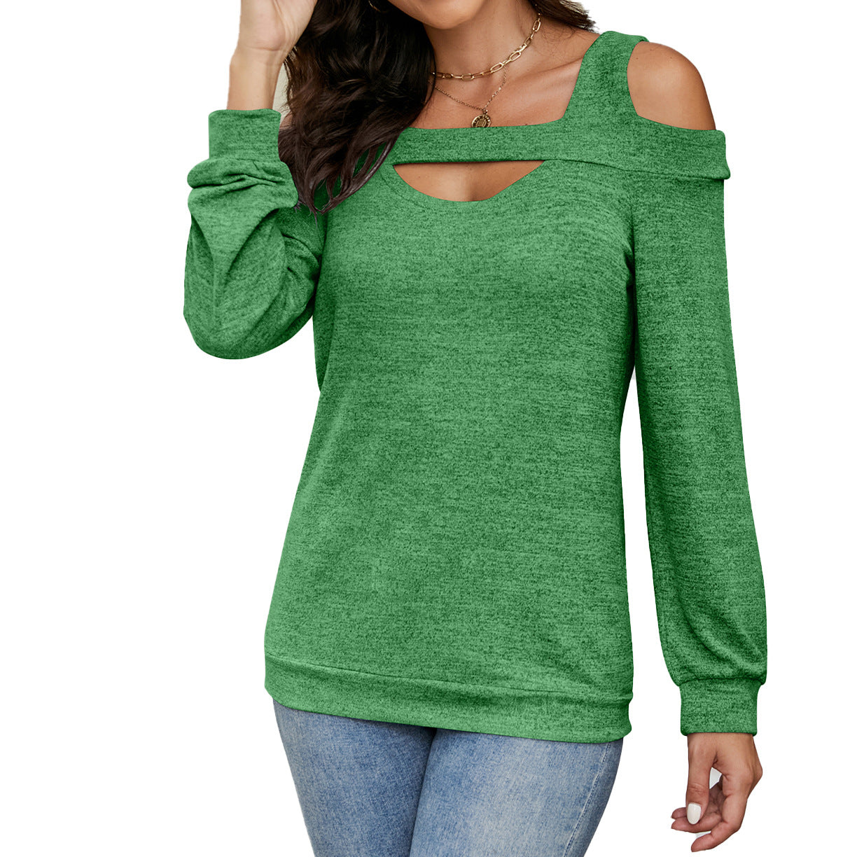 Damen lässiges Cold-Shoulder Sweatshirt mit tiefem Ausschnitt und Ballonärmeln WW