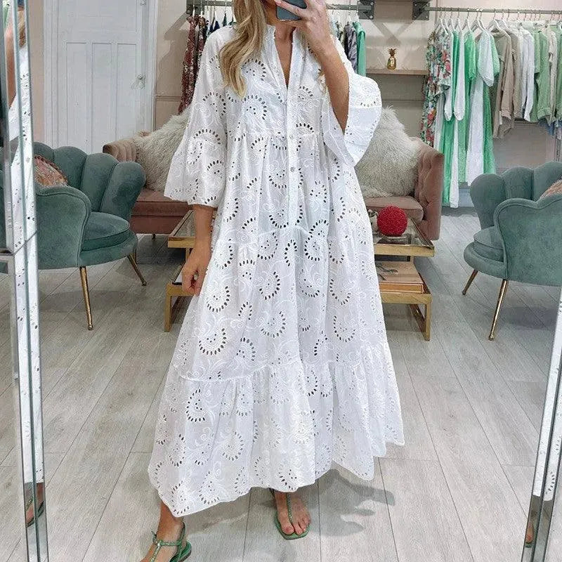 WW | Frauenlanges V-Ausschnitt Kleid im französischen Stil