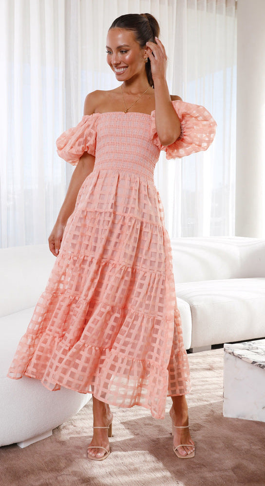 WW | Damenkleid mit Einem Hals Lanternenärmel Lagennähte Kleid