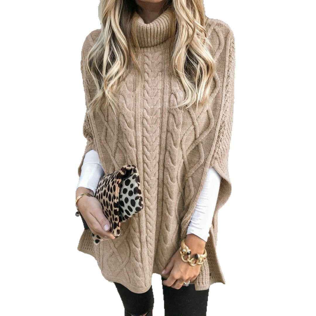 Damen Strickponcho mit hohem Kragen und dekorativem Zopfmuster WW
