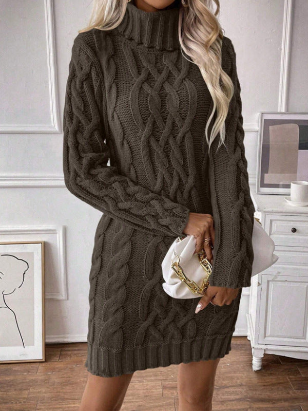 WW | Knitted dress Figure-hugging fit Cable knit High neck Long sleeves