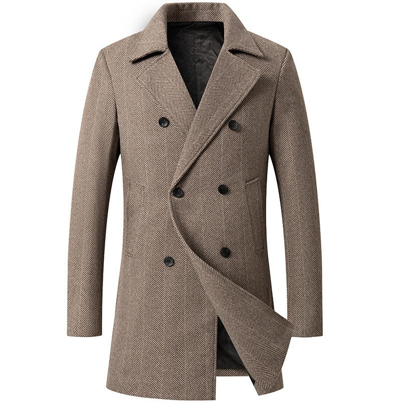 Men's elegant double-breasted coat with textured herringbone pattern WW