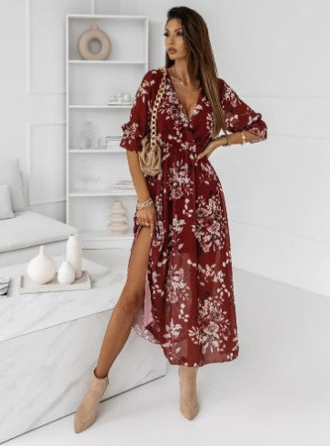 WW | Short Sleeve Split Chiffon Printed Maxi Dress
