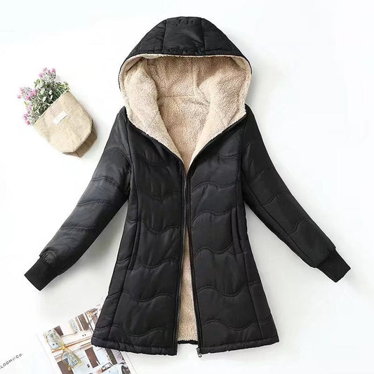 WW | Women's Quilted Coat – Sherpa Lining – With Hood – Ribbed Cuffs – Loose Fit – Mid-Length