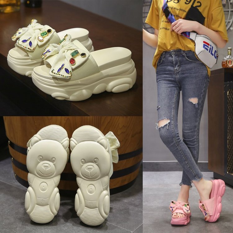 Damen Plattform-Pantoletten mit dekorativem Schleifen- und Strassdesign W&W