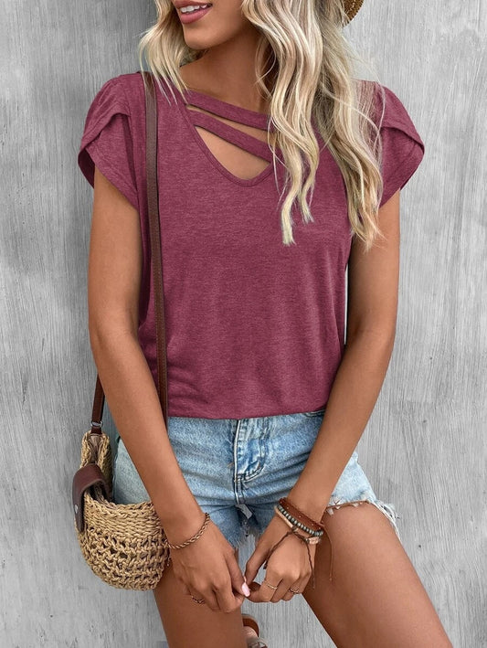 Damen lässiges Kurzarm T-Shirt mit einzigartigem Kreuz-Ausschnitt WW