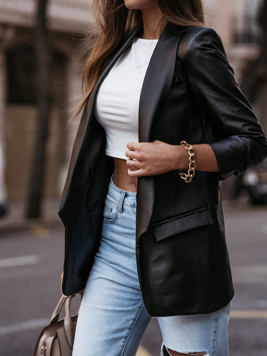 Women's Faux Leather Blazer Jacket with Modern Cut and Chic Lapel WW
