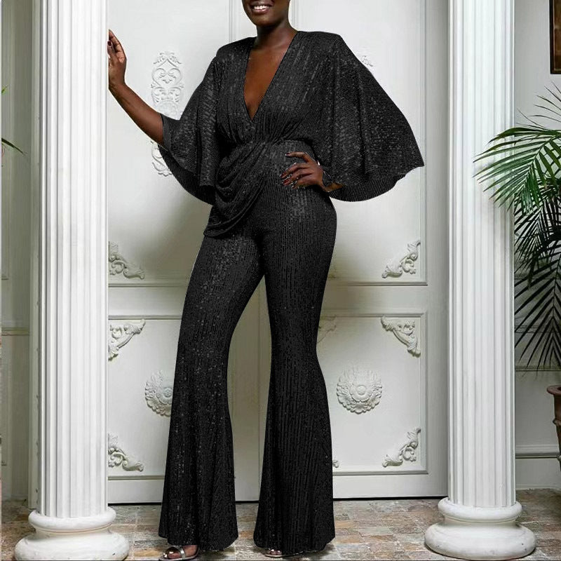 WW | Sequin Deep V Backless Long Jumpsuit