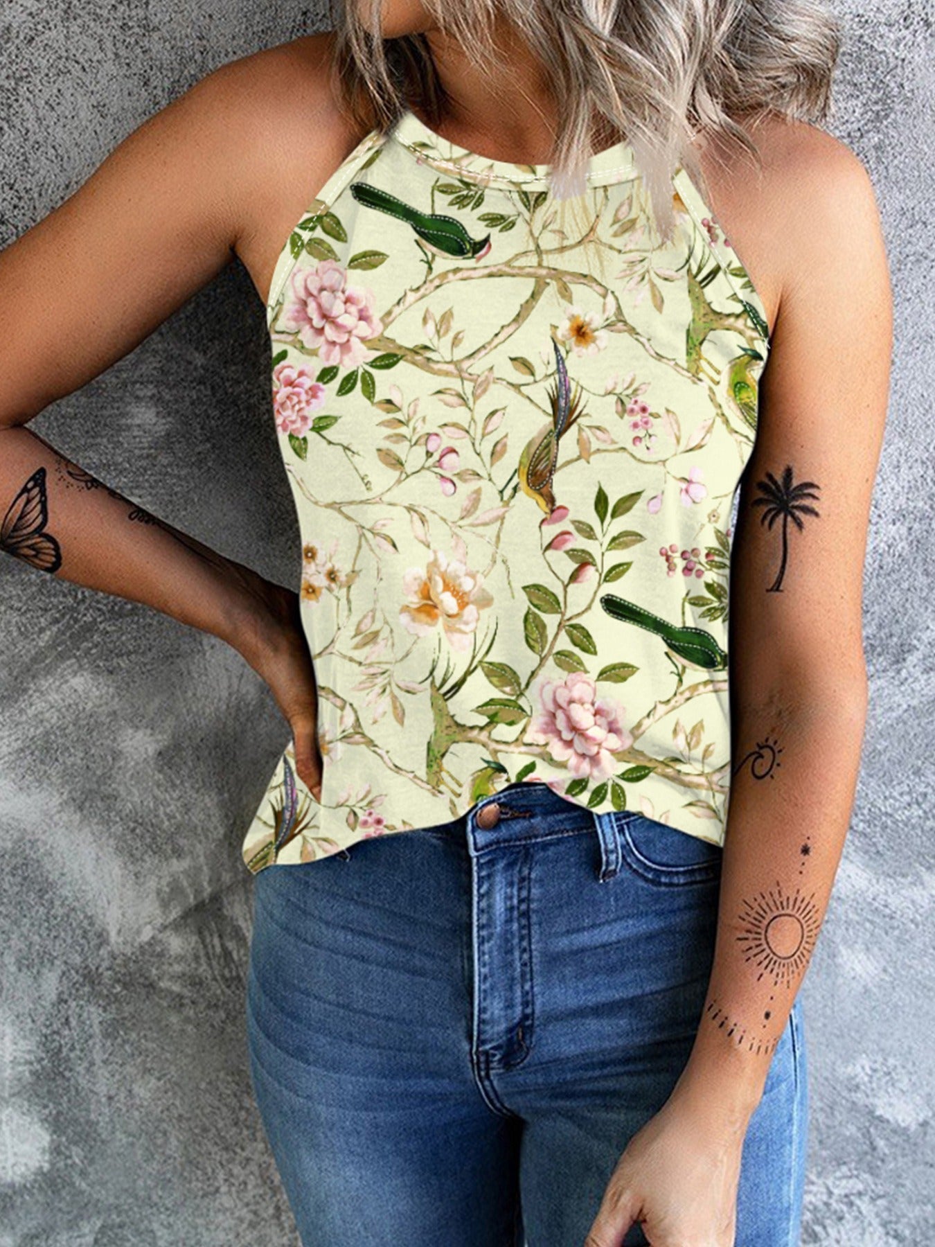 Damen ärmelloses Blumenshirt mit hohem Kragen WW