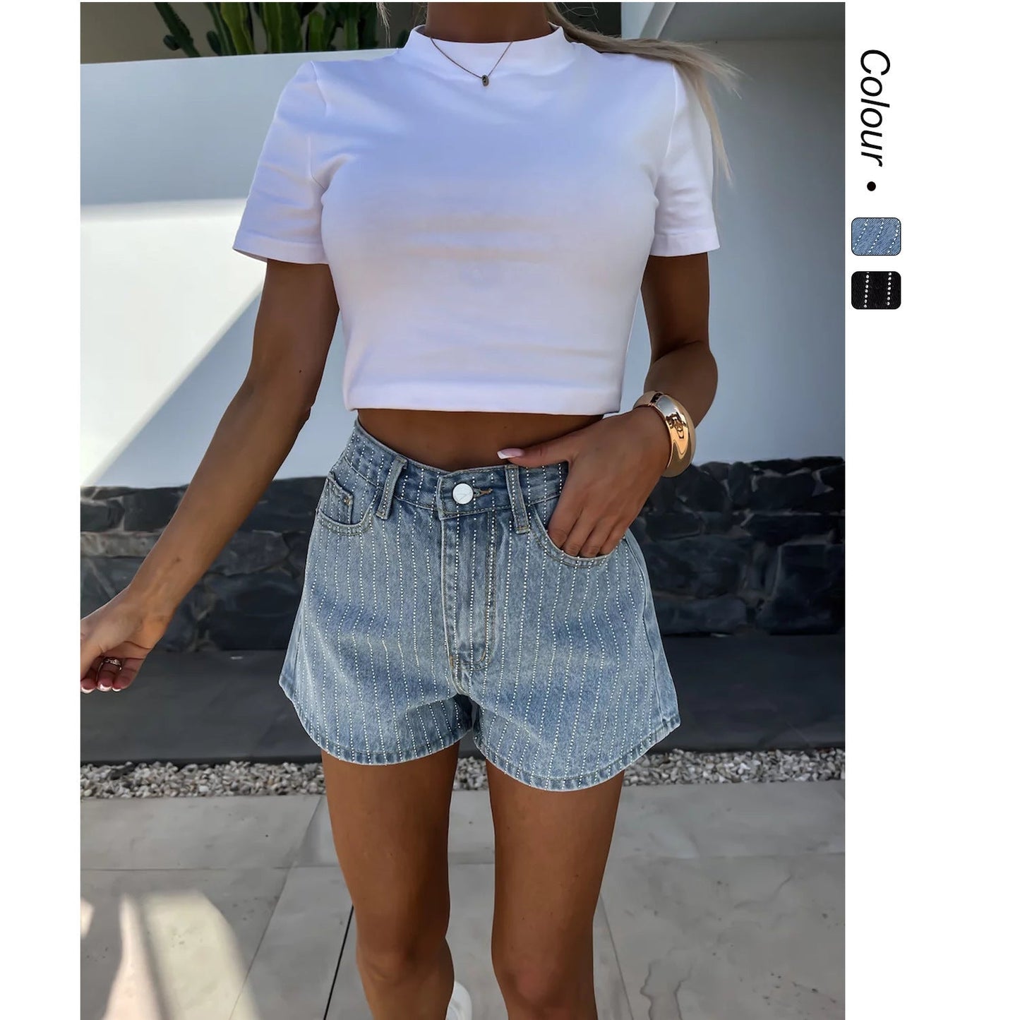 StreifenSpirit™ Women's Denim Shorts - Summer High-Waist Jean Shorts with Fine Stripe Pattern, Casual & Comfortable