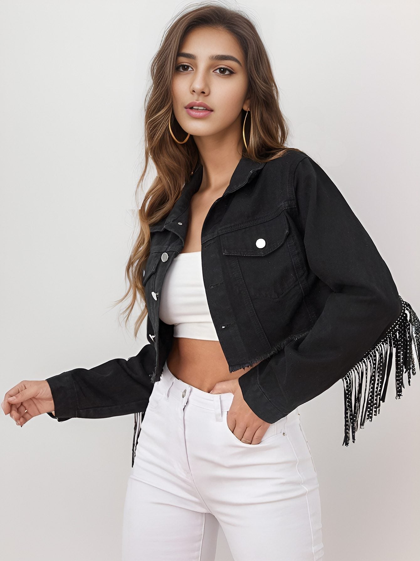 WW | Fransen Denimjacke - Edgy Western Stil - Baumwollmischung - Freizeitaktivitäten