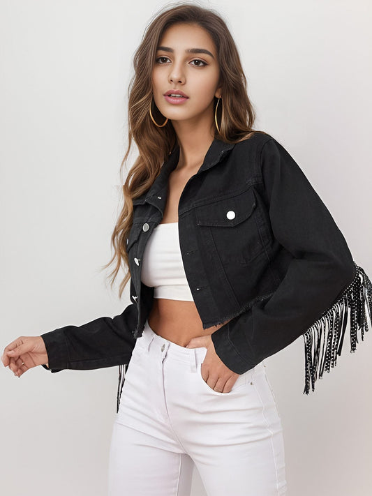 WW | Fringed Denim Jacket - Edgy Western Style - Cotton Blend - Leisure Activities