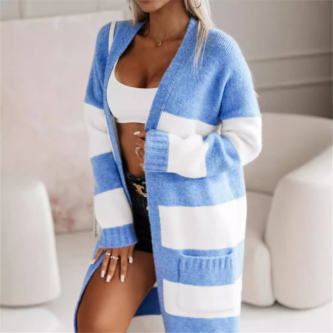 WW | Damen Stilvolle Strickjacke Mit Dicke Streifen