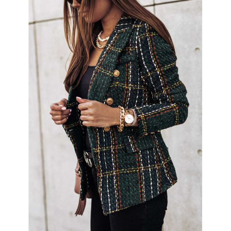 Damen Karierter Blazer mit goldenen Knöpfen und strukturiertem Gewebe WW