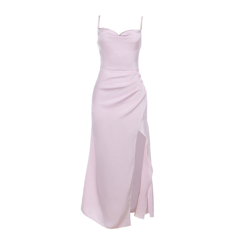 Women's Satin Maxi Dress with Elegant Ruffle Design and High Slit W&W
