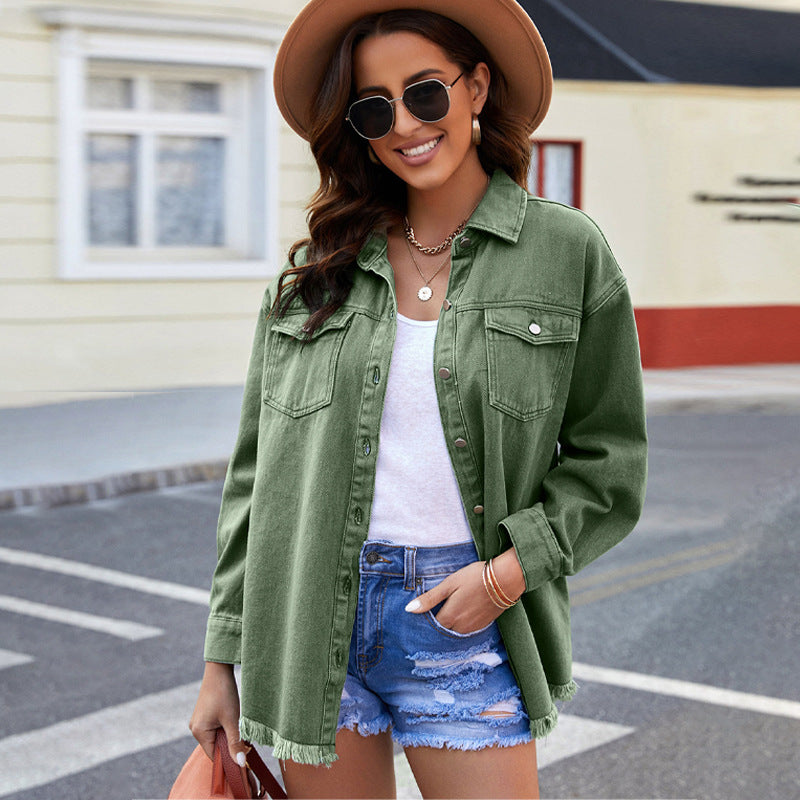 Women's Denim Shirt Jacket with Rounded Hem and Detachable Pockets WW