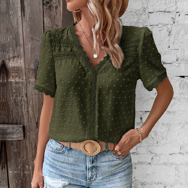 Women's Short-Sleeve Blouse with Lace Trim and Textured Design WW