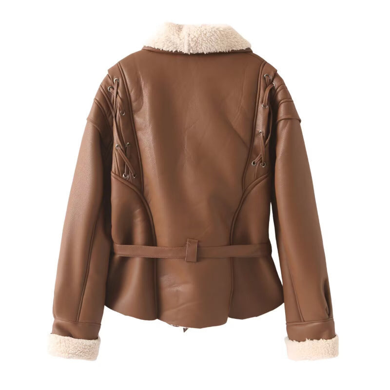 WW | Damen Fake Lederjacke mit Teddy Futter
