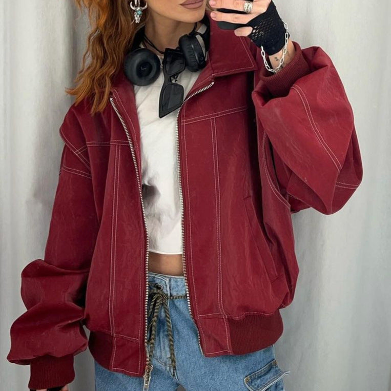 WW | Damen Faux Leder Jacke Elastische Ärmel