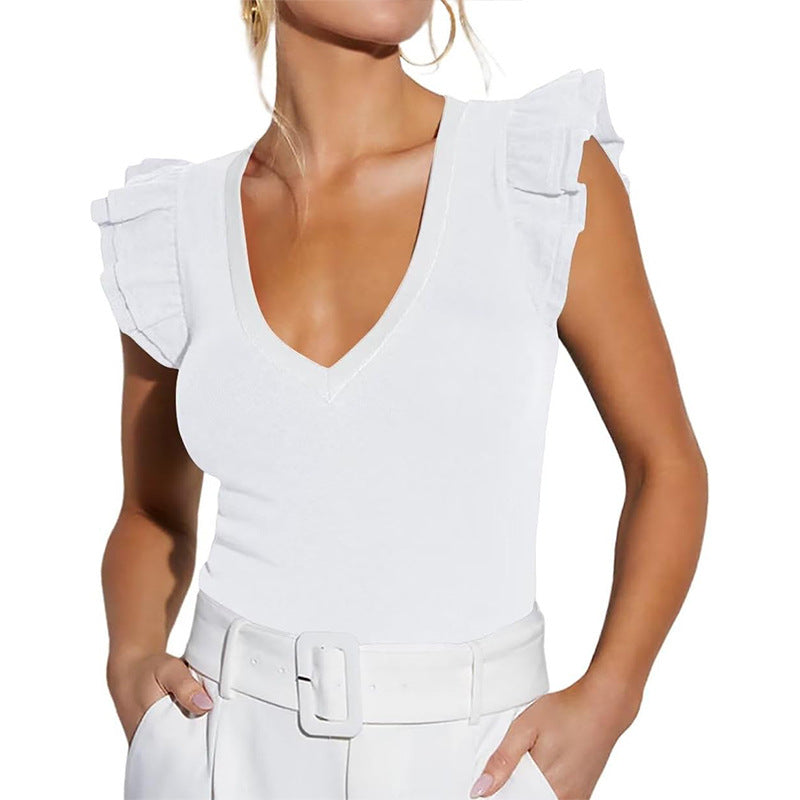 Women's Sleeveless Top with Ruffles and V-neckline WW