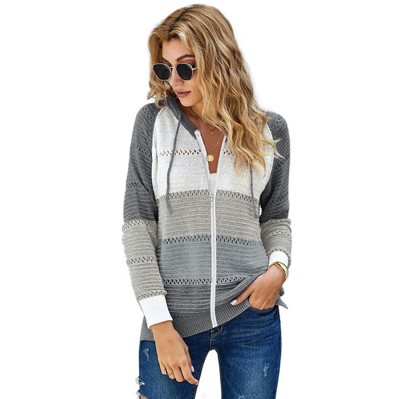 Women's Casual Knitted Cardigan with Hood and Decorative Openwork Pattern WW