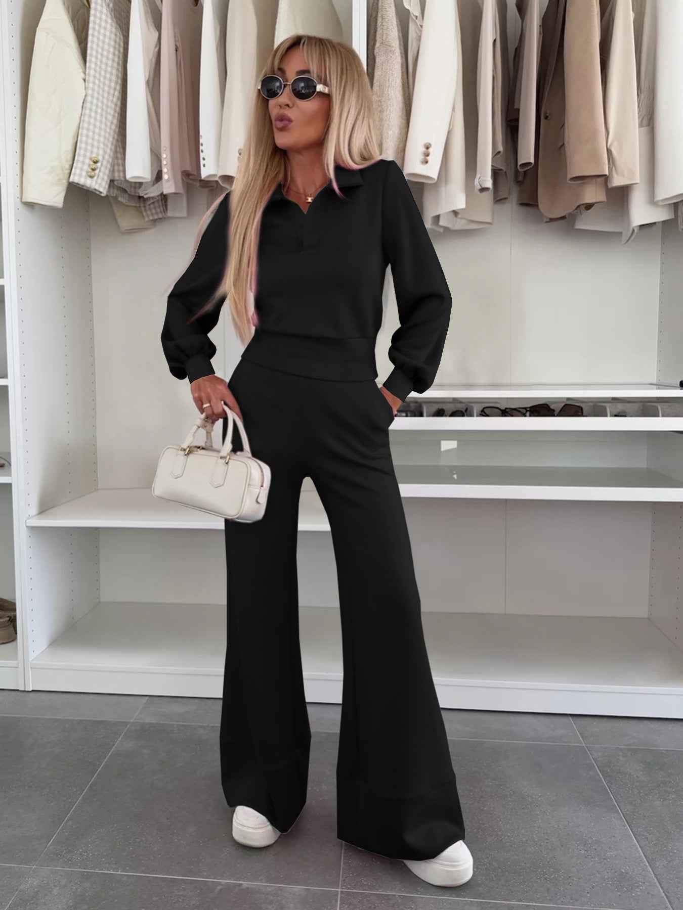 Damen Stylish und lässiger Jumpsuit mit weitem Bein und eleganten Ärmeln WW