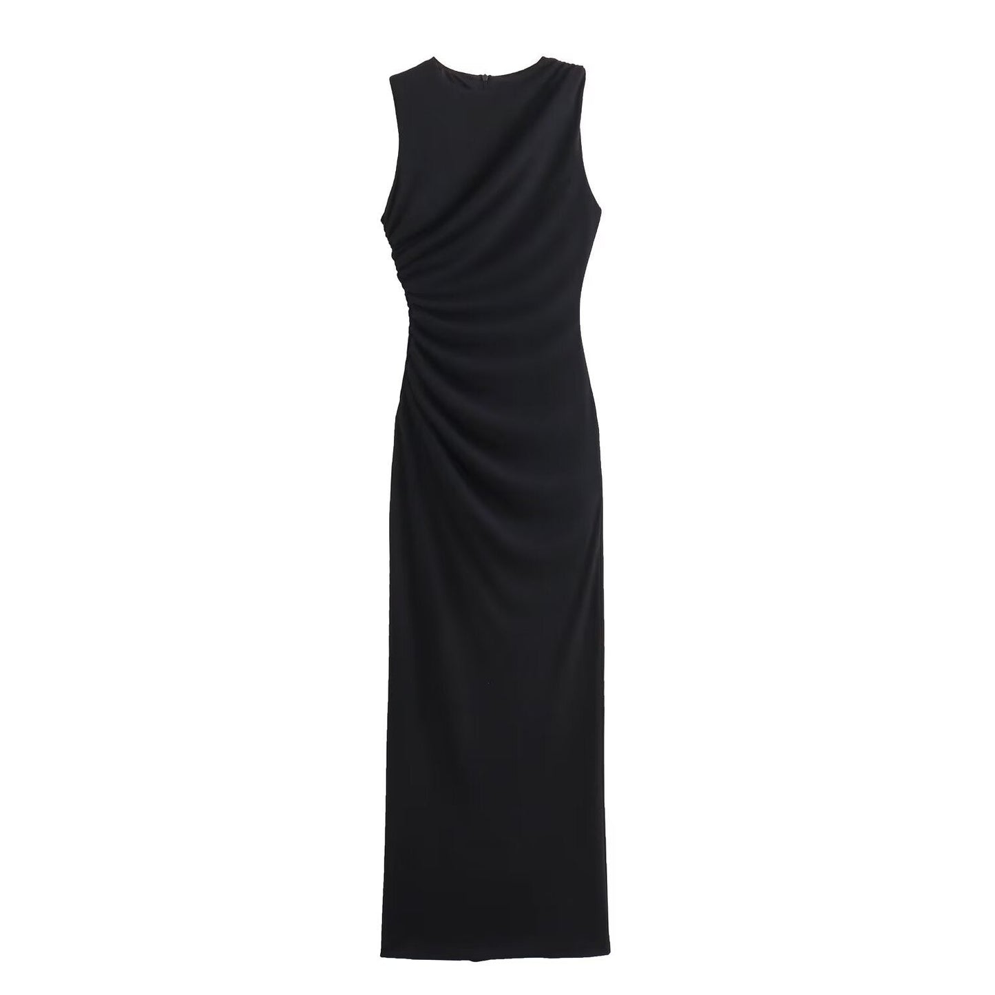 WWMODE | Einfarbiges Rundhalsausschnitt Ärmelloses Faltendes Slim Fit Kleid