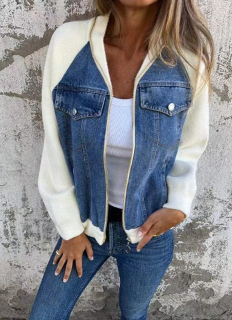 Damen Denim-Jacke mit kontrastfarbenen Ärmeln und praktischen Taschen WW
