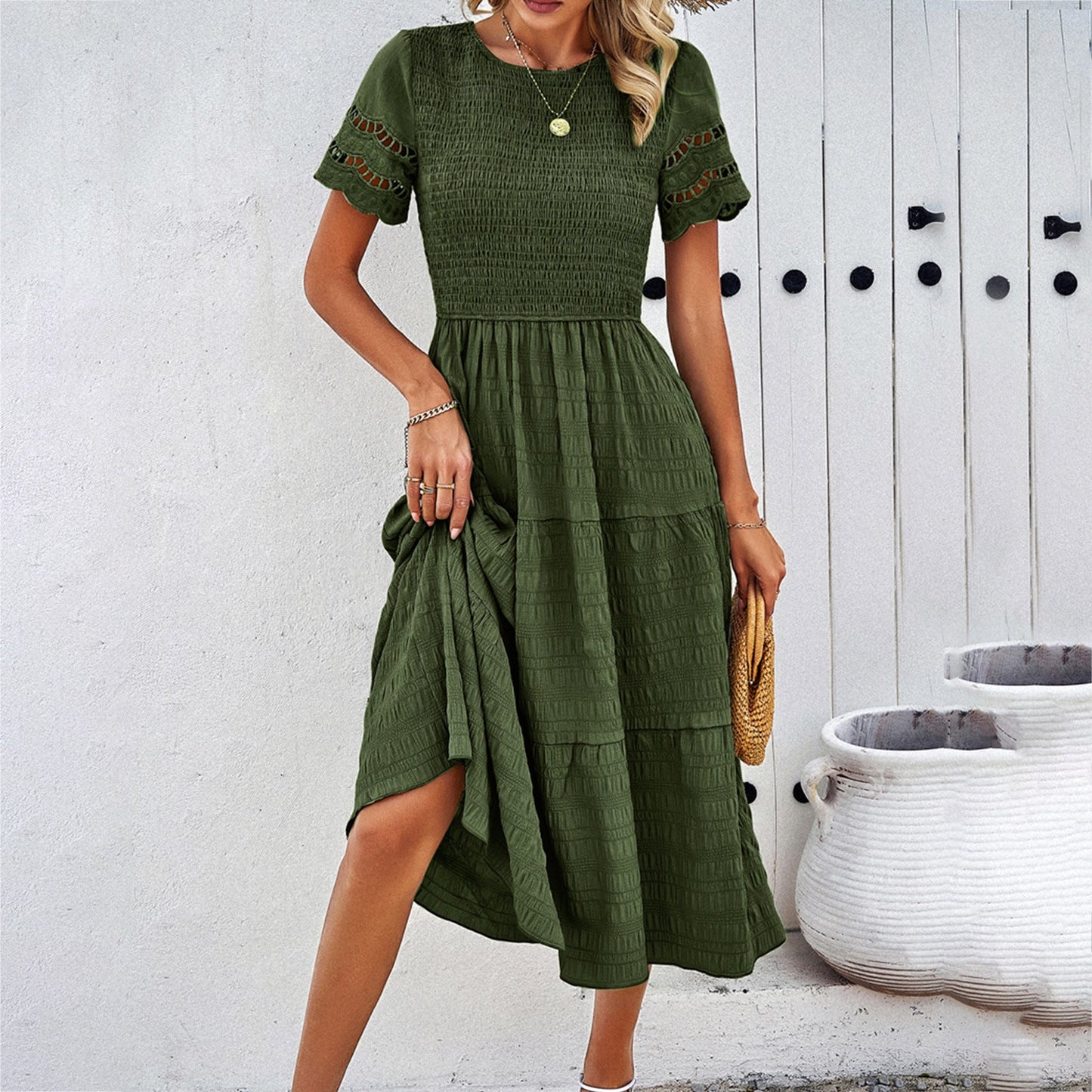 Damen Midikleid mit Puffärmeln und elastischem Oberteil WW