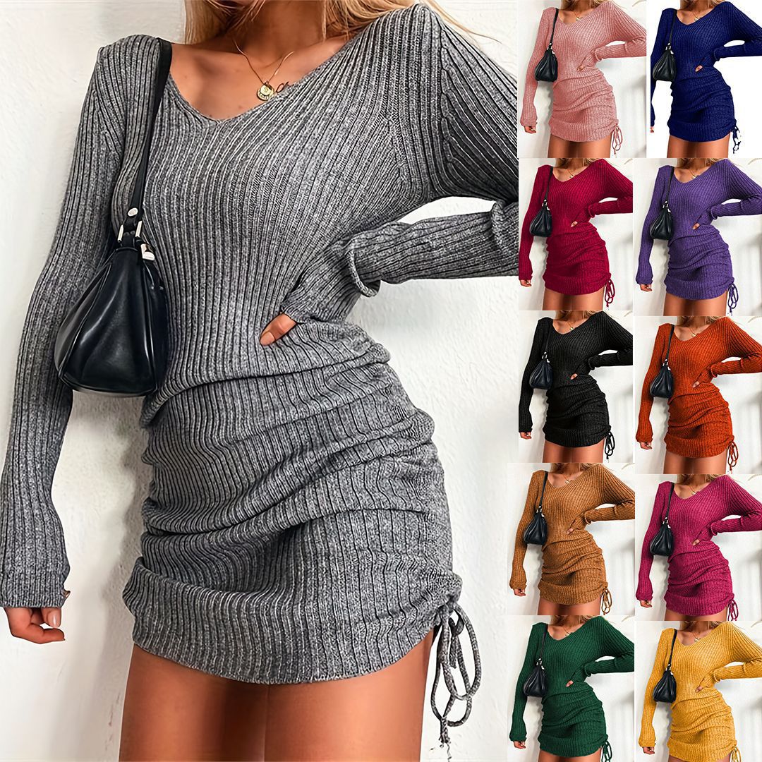 Damen figurbetontes Strickkleid mit raffinierten Rüschendetails WW