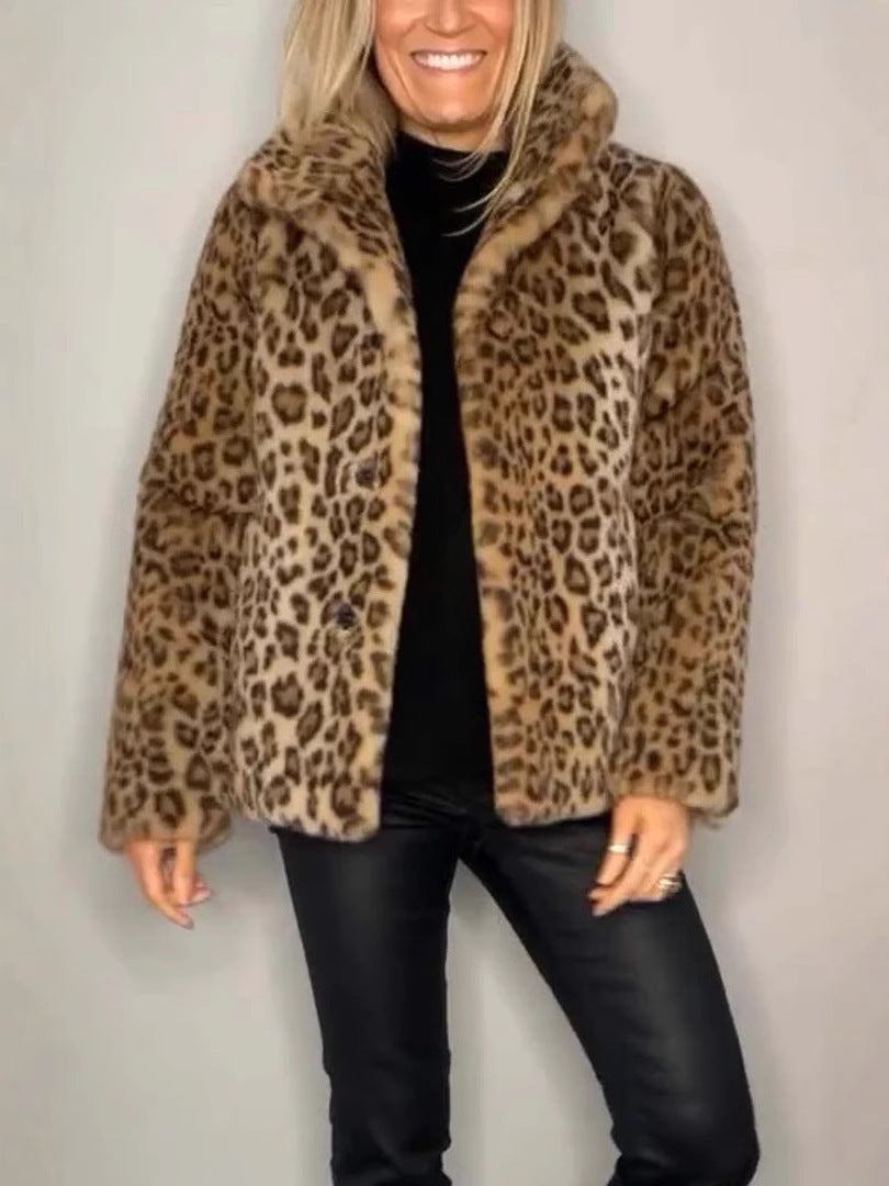WW | Mantel Faux Fur Übergröße Passform Tierdruck Offene Vorderseite Reverskragen