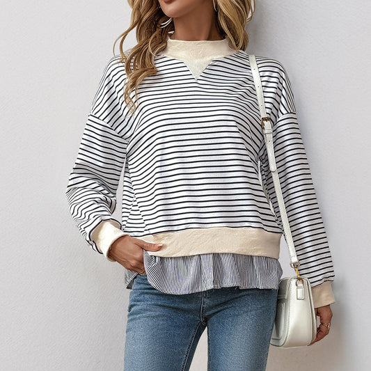 Damen gestreifter Sweatshirt mit Layering-Effekt und Rundhalsausschnitt WW