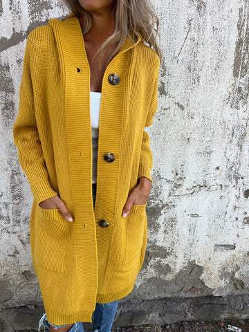 Damen Strickjacke mit Kapuze und Knöpfen WW