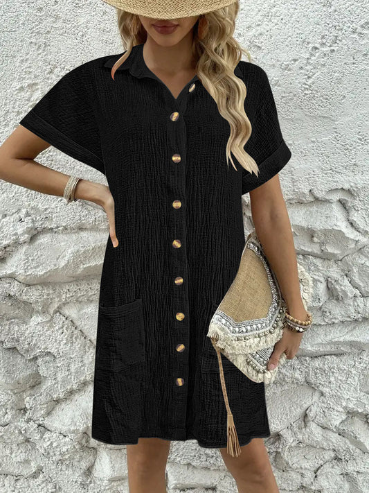 Women's Knee-Length Shirt Dress with Buttonable Design and Practical Pockets WW
