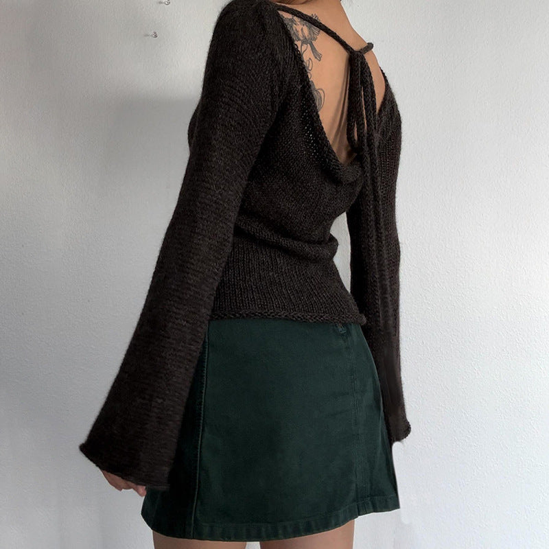 WW | Gestrickter Pullover mit Glockenärmeln und Spitze