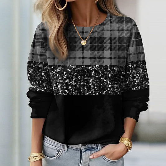 Damen Glitzer-Sweatshirt mit Karomuster und lässigem Schnitt WW