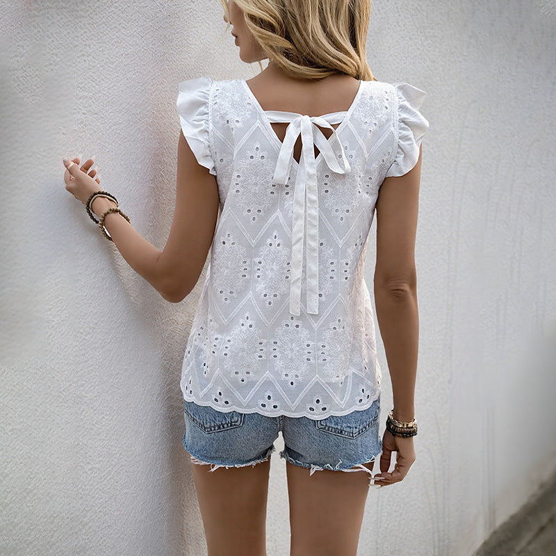 Women's Top with Ruffle Details and Elegant V-Neck WW
