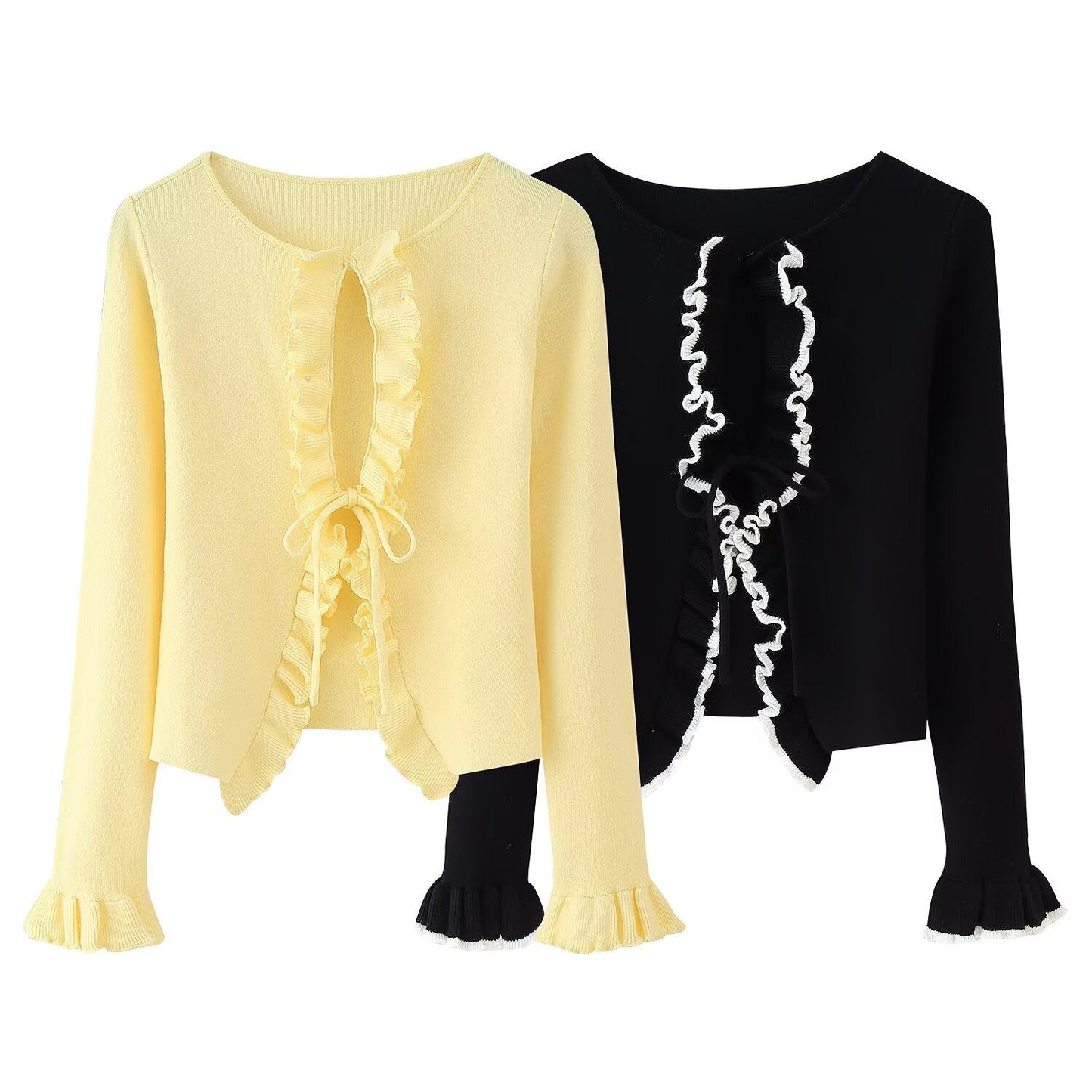 Damen Strickjacke mit Rüschen und Bändern WW