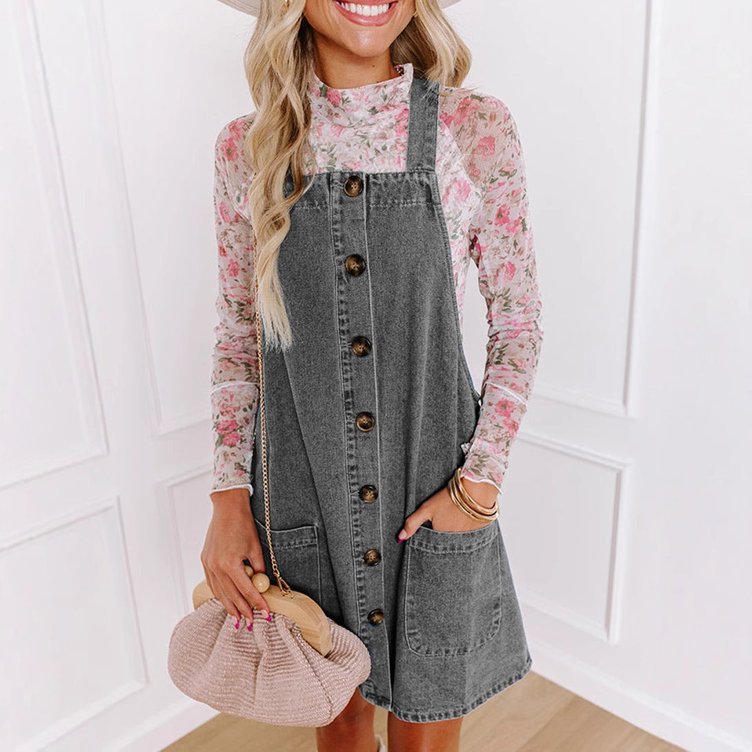 Damen Jeans-Latzkleid mit praktischen Taschen und Knopfdetails WW