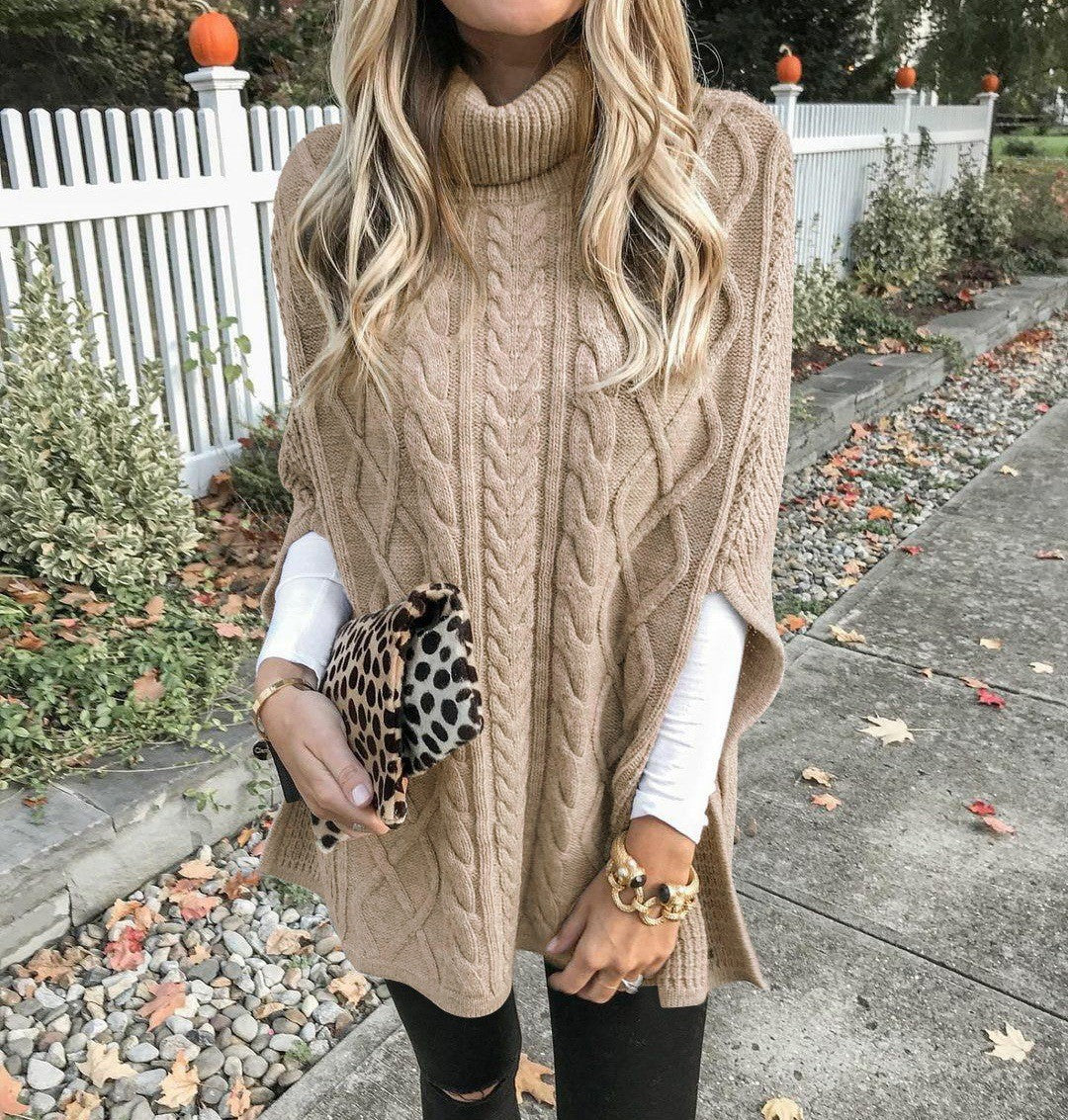 Women's chunky knit poncho with high collar and cable knit design WW