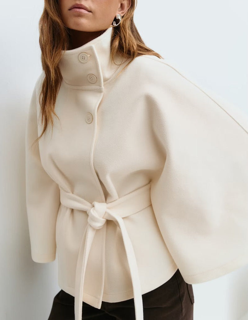 Damen Eleganter und bequemer Kapuzenmantel mit Gürtel und weiten Ärmeln WW