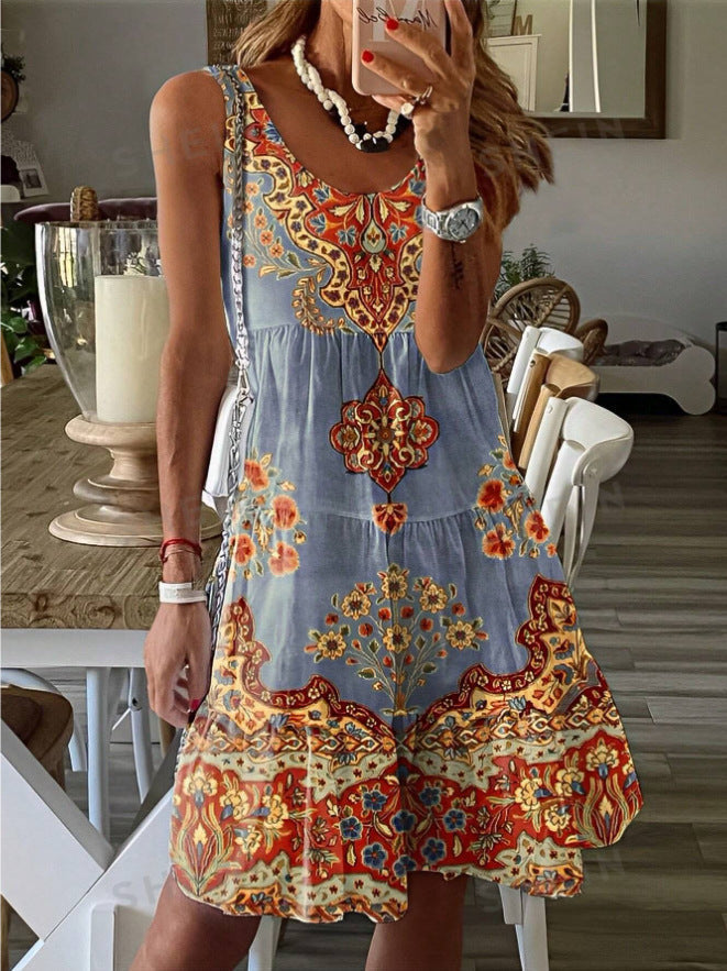 Damen Sommerliches Tunika-Kleid mit floralen Mustern und schwingendem Rock WW
