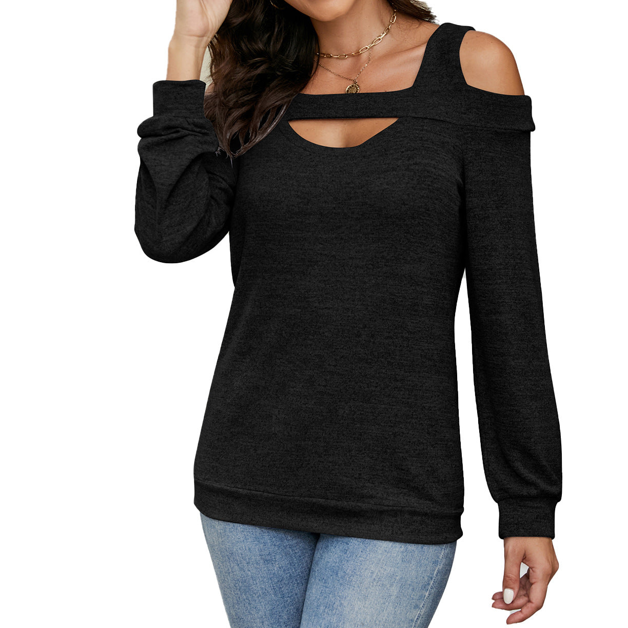 Damen lässiges Cold-Shoulder Sweatshirt mit tiefem Ausschnitt und Ballonärmeln WW
