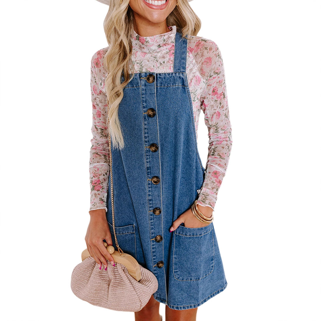 Damen Jeans-Latzkleid mit praktischen Taschen und Knopfdetails WW