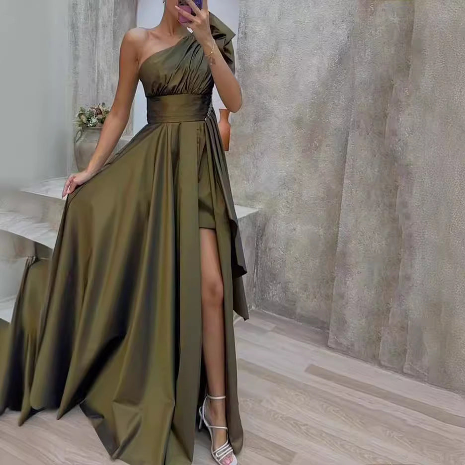 Women's Asymmetrical Maxi Dress with Elegant Cut and High Slit WW