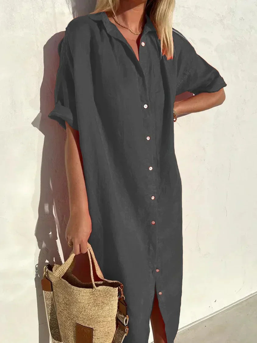 WW | Button-Up Dress with Wide Neckline and Slim Sleeves, Elegant and Loose, for Women Cotton and Linen Dresses