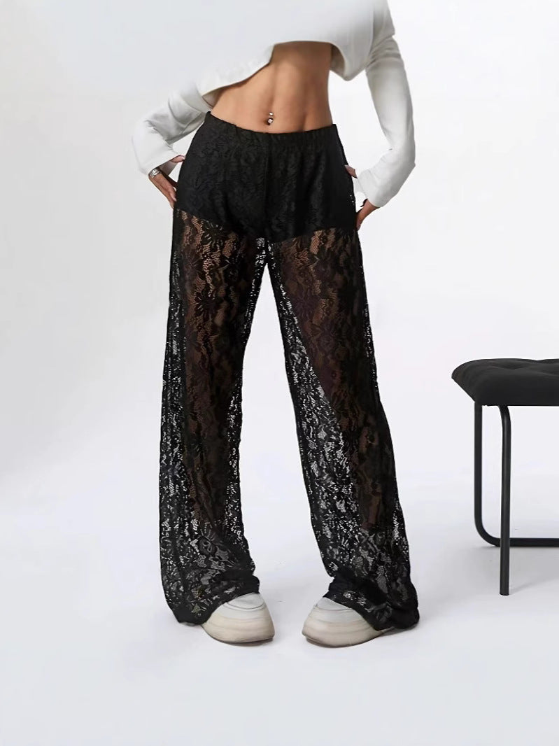 Damen elegante Spitzenhose mit weitem Schnitt und elastischem Bund WW